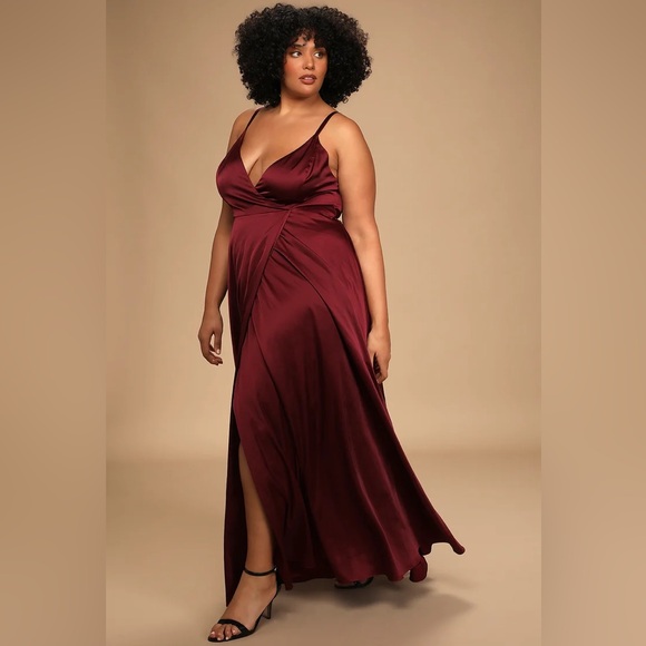 Lulu’s Ode To Love Faux Wrap Sleeveless Satin Maxi Dress Full Skirt Burgundy M - Picture 6 of 12
